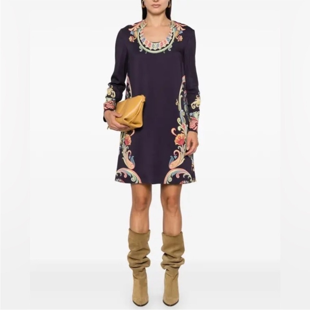 NWT ETRO Floral Paisley Print Knee Length Dress Long Sleeve Retro Sz 40